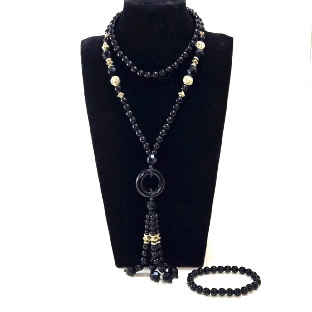 Black Acrylic Beaded Necklace with Tassle Silvertone Balls and Endcaps 28" Set